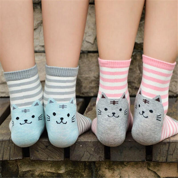 Cute Striped Cat Face Socks