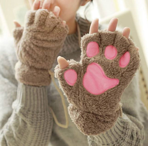Plush Cat Paw Fingerless Mittens