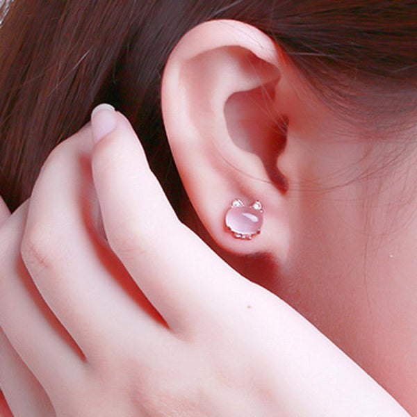 Rose Quartz Gold Plated Rhinestone Cat Earrings