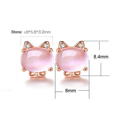 Rose Quartz Gold Plated Rhinestone Cat Earrings