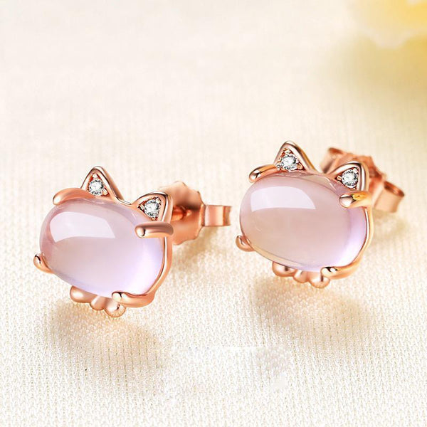 Rose Quartz Gold Plated Rhinestone Cat Earrings