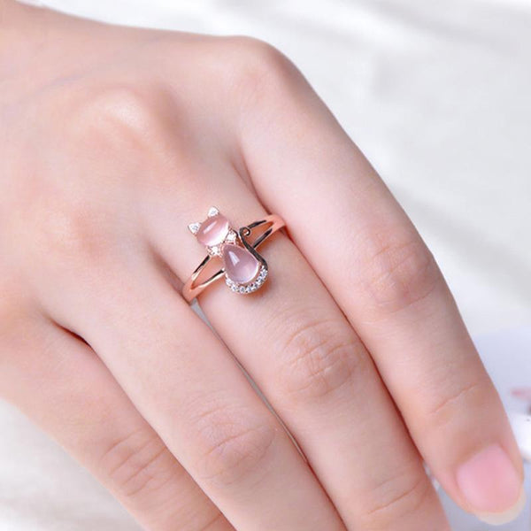 Rose Quartz Gold Plated Rhinestone Cat Ring
