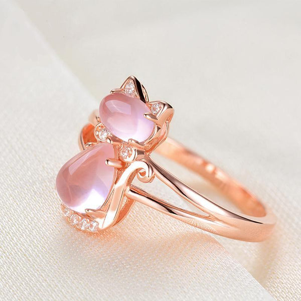 Rose Quartz Gold Plated Rhinestone Cat Ring