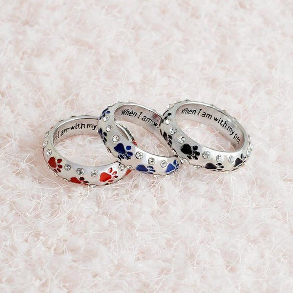 Rhinestone When I'm With My Pet Footprints Paw Ring
