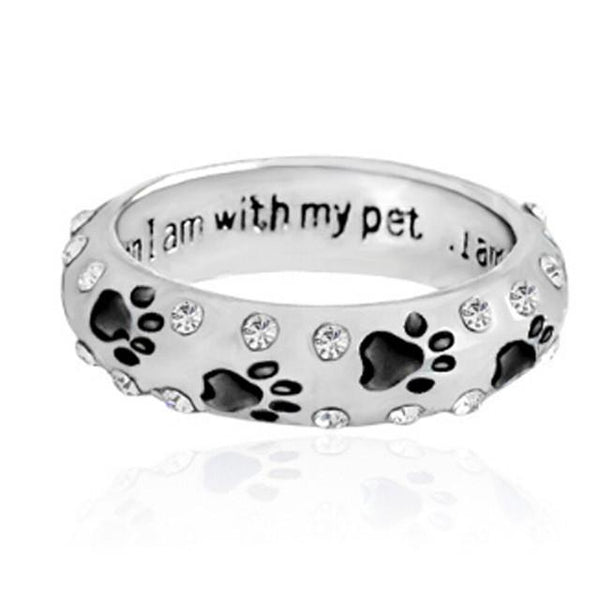 Rhinestone When I'm With My Pet Footprints Paw Ring