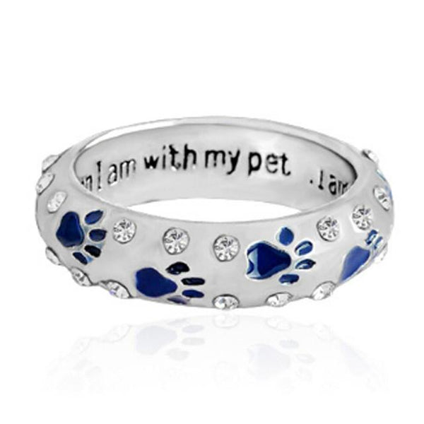 Rhinestone When I'm With My Pet Footprints Paw Ring