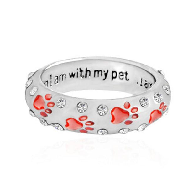 Rhinestone When I'm With My Pet Footprints Paw Ring