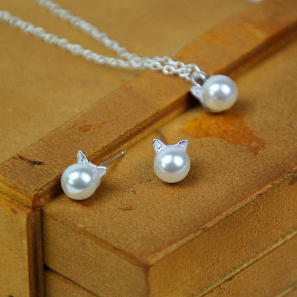 Faux Pearl Cat Head Studded Earrings & Necklace Jewelry Set