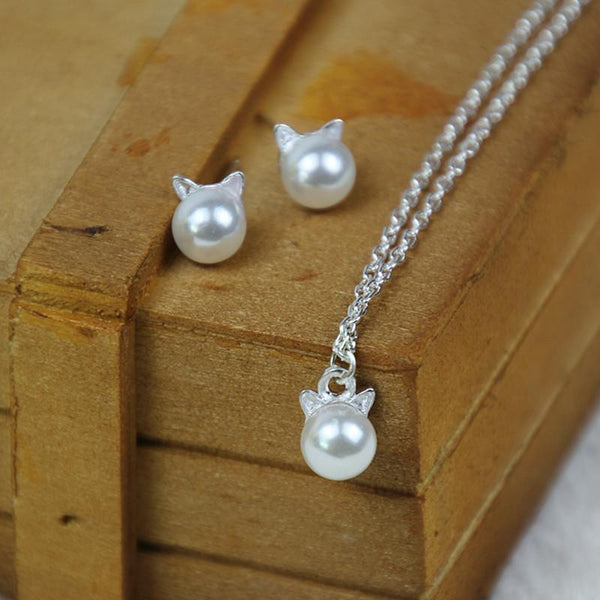Faux Pearl Cat Head Studded Earrings & Necklace Jewelry Set