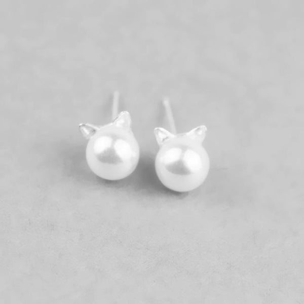 Faux Pearl Cat Head Studded Earrings & Necklace Jewelry Set