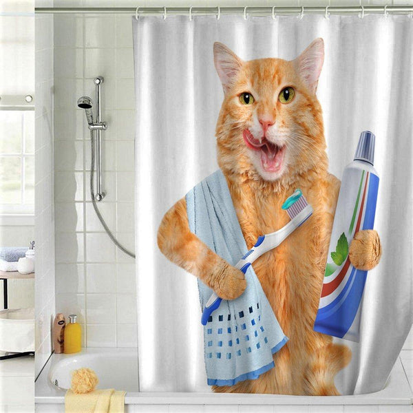 Cat Brushing Teeth Shower Curtain