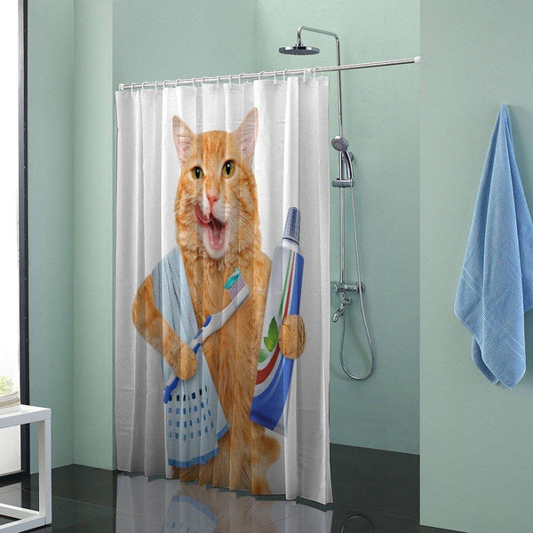 Cat Brushing Teeth Shower Curtain