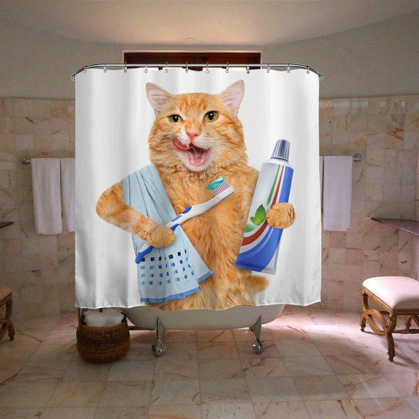 Cat Brushing Teeth Shower Curtain