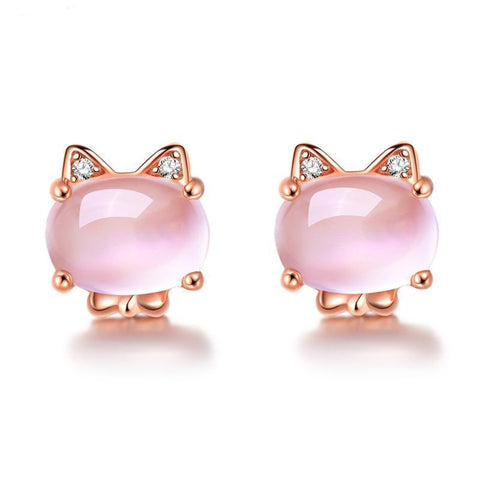 Rose Quartz Gold Plated Rhinestone Cat Earrings