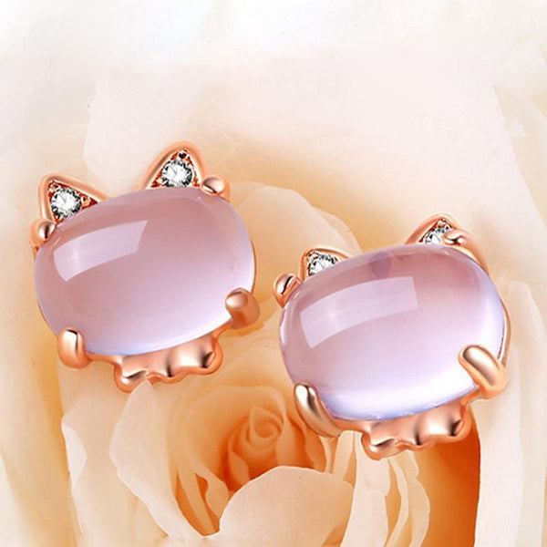 4 Piece Rose Quartz Gold Plated Rhinestone Cat Jewelry Set