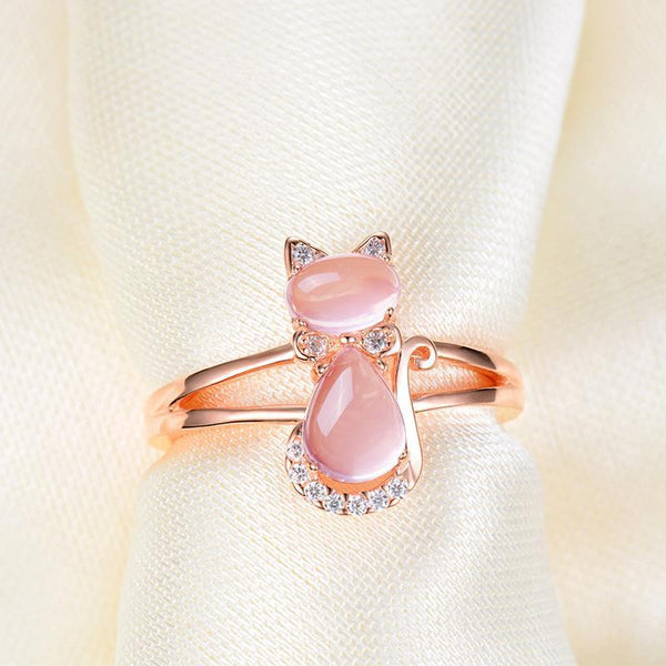 Rose Quartz Gold Plated Rhinestone Cat Ring