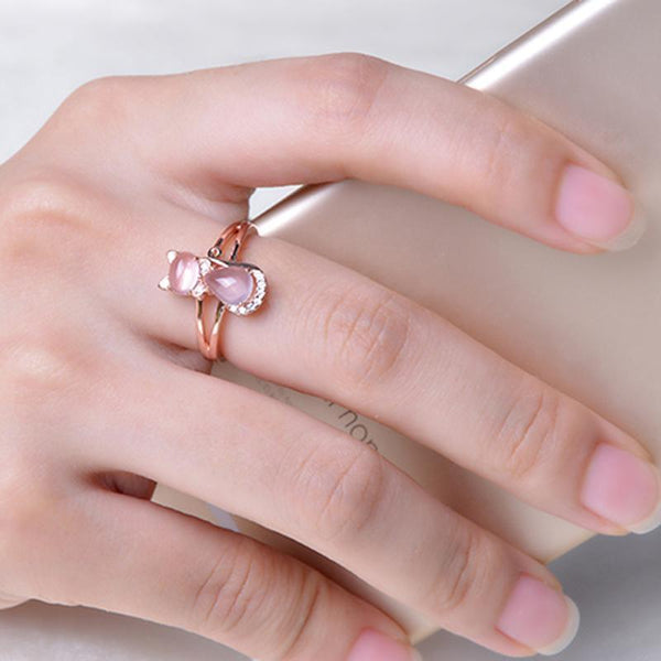 Rose Quartz Gold Plated Rhinestone Cat Ring