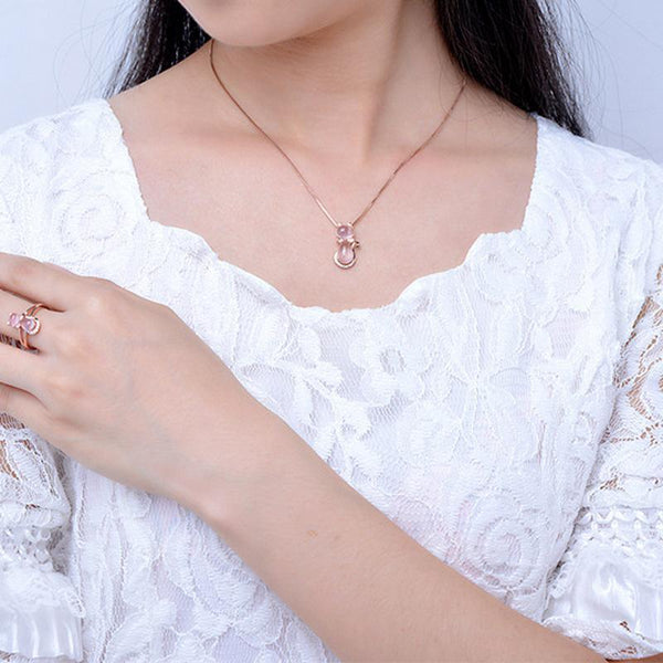4 Piece Rose Quartz Gold Plated Rhinestone Cat Jewelry Set
