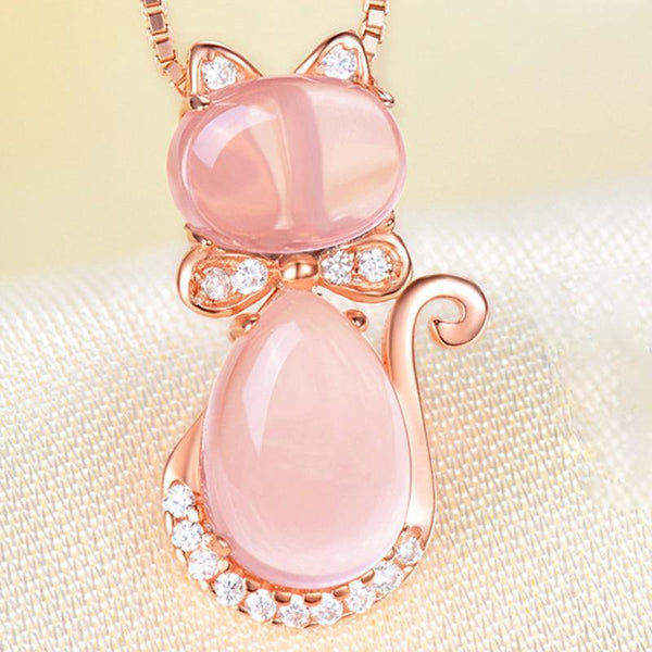 4 Piece Rose Quartz Gold Plated Rhinestone Cat Jewelry Set