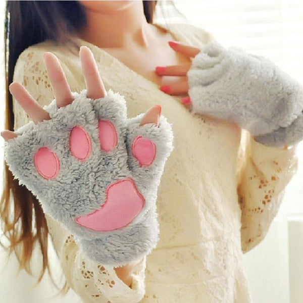 Plush Cat Paw Fingerless Mittens