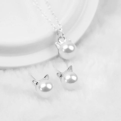 Faux Pearl Cat Head Studded Earrings & Necklace Jewelry Set
