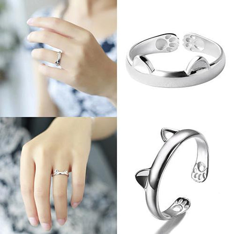Silver Plated Cat Ear and Paws Ring
