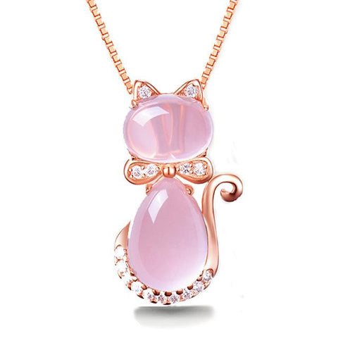 Rose Quartz Gold Plated Rhinestone Cat Necklace