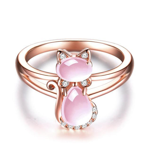 Rose Quartz Gold Plated Rhinestone Cat Ring