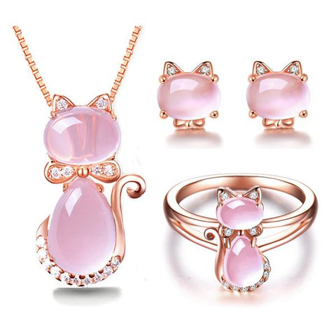 4 Piece Rose Quartz Gold Plated Rhinestone Cat Jewelry Set